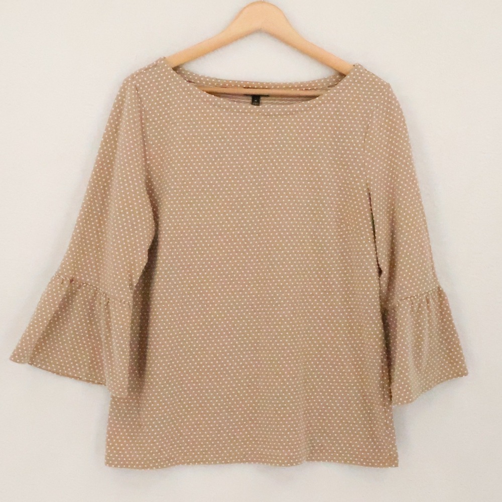 Talbots Polka Dot Bell Sleeve Top Womens Size M Tan  Business Casual Neutral